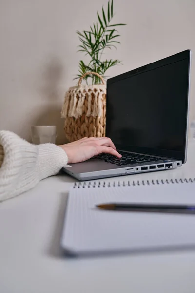 Beyaz Çalışma Masasında Dizüstü Bilgisayarla Çalışan Tanınmayan Bir Kadının Yazısı — Stok fotoğraf
