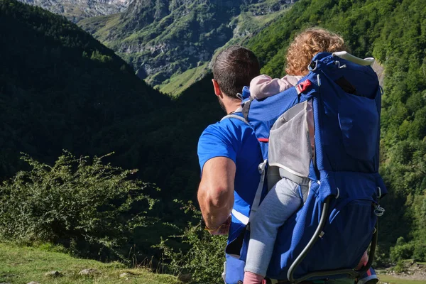山の中で赤ちゃんのキャリアバックパックハイキングを持つ父 父と娘 家族の冒険 健康的な生活 ストック画像