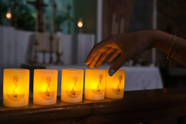 Unrecognizable Woman Placing Candles Church Altar Praying Promises Holy Week — Stock Photo, Image