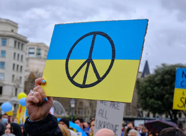 Cartaz Símbolo Paz Bandeira Ucraniana Uma Manifestação Contra Guerra Ucrânia — Fotografia de Stock