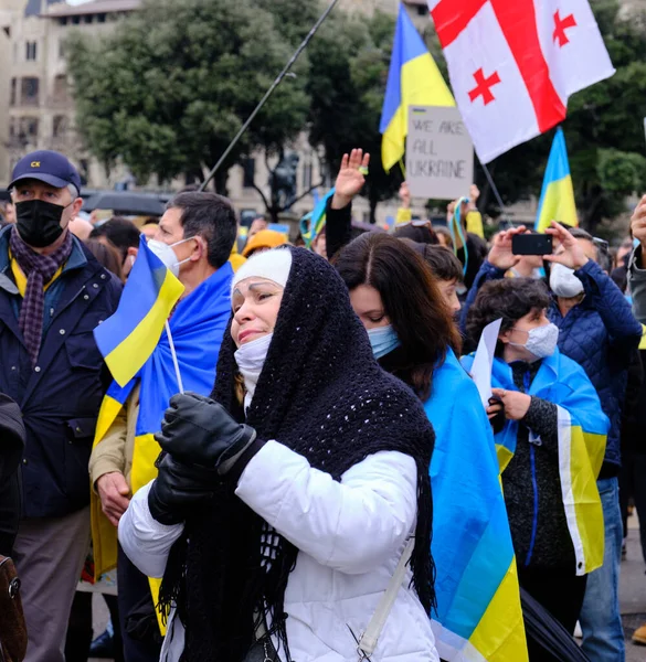 Barcelona Spanien Mars 2022 Människor Demonstrerar Mot Kriget Ukraina — Stockfoto