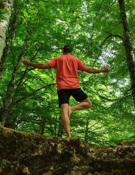 Uomo Che Yoga All Aperto Una Pietra Mezzo Alla Foresta — Foto Stock