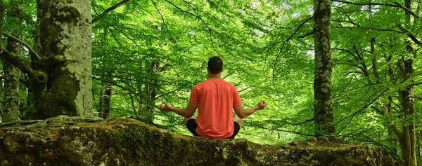 Jovem Fazendo Ioga Livre Uma Pedra Meio Floresta Pose Lótus — Fotografia de Stock