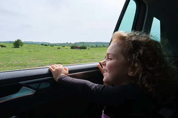 A little girl enjoying a car ride, looking at nature through the window with a happy smile.