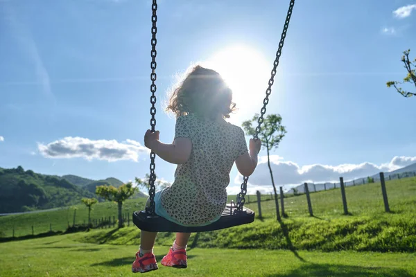 Little Caucasian Girl Alone Sad Swing Park Playground Concept Shyness — Foto Stock