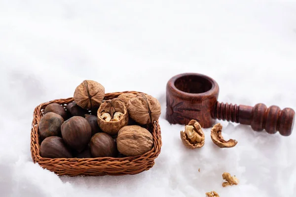 Basket Chestnuts Walnuts Snowy Ground Next Nutcracker — Stock Photo, Image