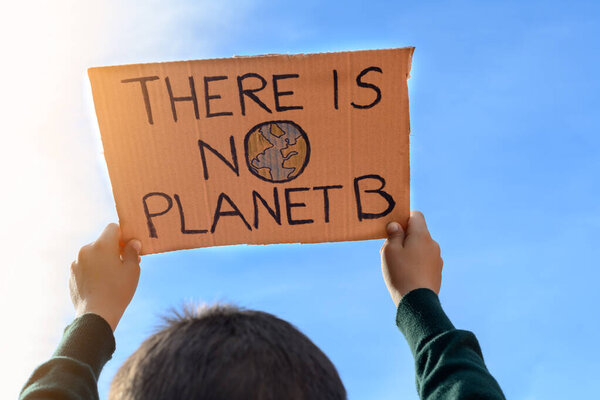 Boy with unrecognizable back holding a sign towards the sky that reads "There is no planet B". Concept of a climate change protest.