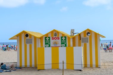 Benidorm, Alicante, Spain, August, 8, 2021: First aid hut on the shore of the beach