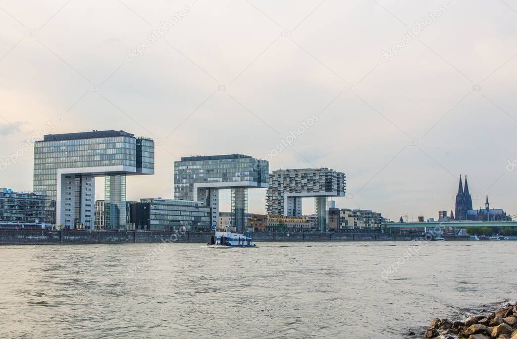 The Rhine River, the buildings, and the Cityscape of Cologne NRW Germany Europe