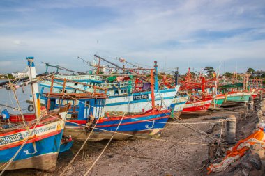 Thai fishing boats at a pier or wharf in Thailand Southeast Asia