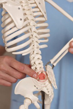 Düşük bel ağrısı konsepti. Doktor sırt ağrısının nedenini hastaya açıklıyor.