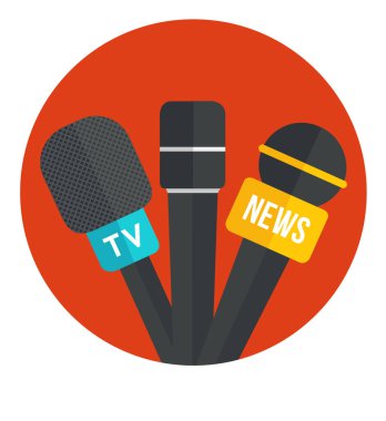 TV haber mikrofon ikonu. Muhabir ekipmanları. Basın toplantısı, röportaj konsepti. Canlı haber bülteni. Beyaz arkaplanda izole edilmiş daire şeklinde düz simge. Vektör simgesi