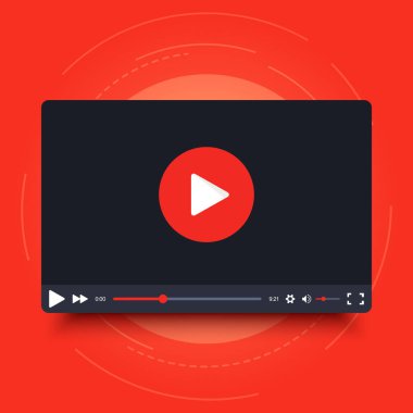 Video oynatıcı çerçevesi. Video oynatıcı arayüz ekranı. Çizgi film tasarımı tarzında bir video oynatıcı çerçevesi. Kırmızı arka planda izole edilmiş. Vektör ögesi