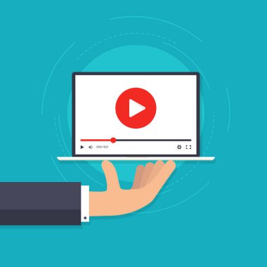 Bilgisayarda video oynatıcıyla el ele tutuşmak. Dizüstü bilgisayarda video oynatıcısı. Giyinik reklam ikonu. Sosyal medya sunumu. Çevrimiçi öğrenme eğitmeni. İçerik sunumu. Vektör illüstrasyonu