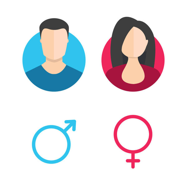 Male and female icon set. Boy and girl WC symbols. Gentleman and lady toilet sign. Man and woman user avatar. Flat icon in circle isolated on white background. Vector element