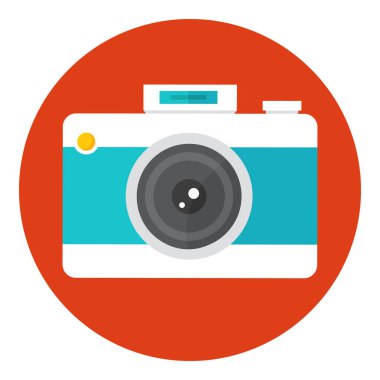 Fotoğraf makinesi simgesi. Lens ve düğmeli fotoğraf makinesi. Paparazzi ekipmanları. Fotoğraf stüdyosu kamerası. Beyaz arkaplanda izole edilmiş daire şeklinde düz simge. Vektör simgesi