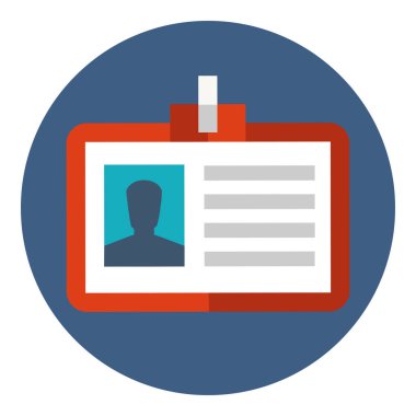 Kimlik kartı. İsim etiketi. Kimlik simgesi. Basın toplantısı kartı. Kişisel giriş kartı. Beyaz arkaplanda izole edilmiş daire şeklinde düz simge. Vektör simgesi