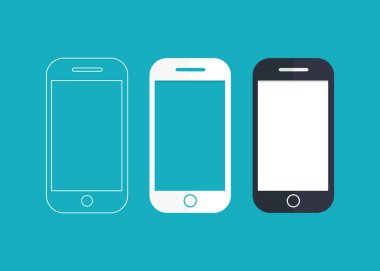 Üç farklı stilde akıllı telefon simgesi: özet, beyaz ve siyah versiyonlar. Düğmeli cep telefonu. Vektör ögesi