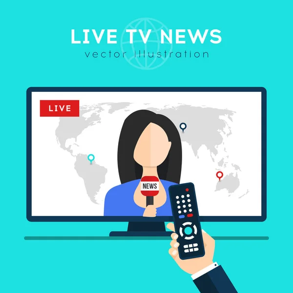 Live News Female Newsreader Hand Holding Remote Control Watching Breaking — Stock Vector