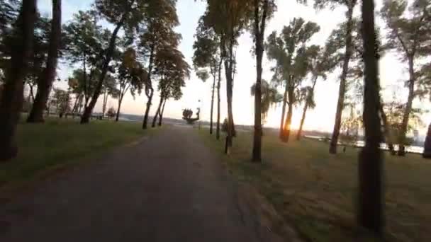 Imágenes de aviones no tripulados FPV. Vuela sobre el Monumento a los Fundadores de Kiev al amanecer. Ucrania, Kiev - 10 de agosto de 2021. — Vídeos de Stock