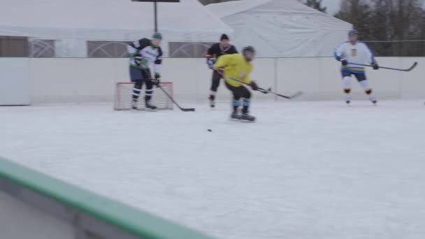 Местная команда играет тренировки хоккейного матча замедленного движения рукопожатие выстрел. Украина, 15 января 2022 года — стоковое видео