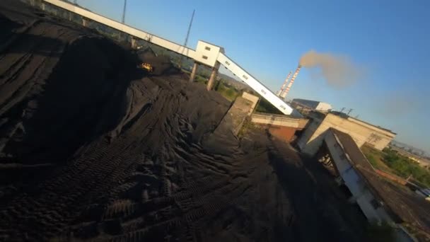 FPV drone view flight over coal delivery terminal with port cranes for thermal power plant — Video Stock