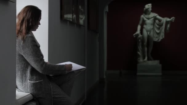一位年轻的女画家在大学的走廊上画了一个男人的古董雕塑，他坐在窗前 — 图库视频影像
