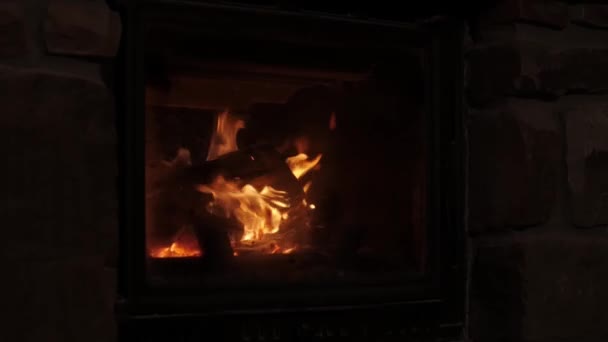 Ljus låga brinner på öppen spis i stuga på landet — Stockvideo