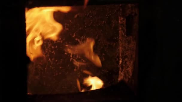 Fire burns in a pellet boiler burner — Stock Video