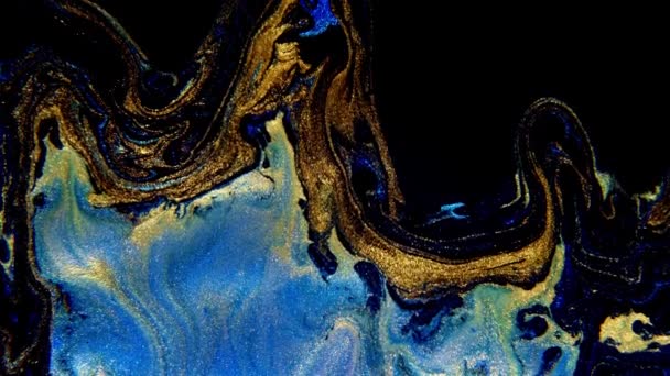 Abstract ink painting blue and gold background. Mixture of acrylic paints, marble abstract fluid art pattern. — Wideo stockowe