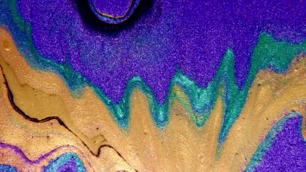 Pintura abstracta mezcla neón violeta verde naranja púrpura colores tinta. Fondo orgánico increíble colorido líquido. — Vídeo de stock