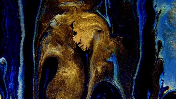 Abstract ink painting blue and gold background. Mixture of acrylic paints, marble abstract fluid art pattern. — Vídeo de stock