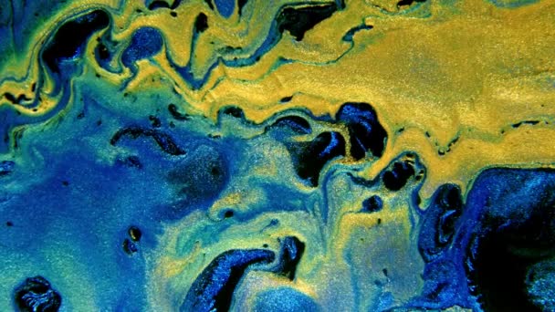 Abstract ink painting blue and gold background. Mixture of acrylic paints, marble abstract fluid art pattern. — Stock Video