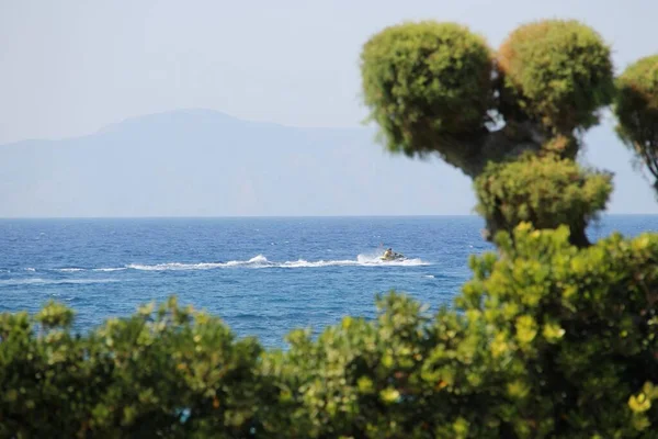 希腊罗得岛海上和热带树上的一辆摩托车 — 图库照片