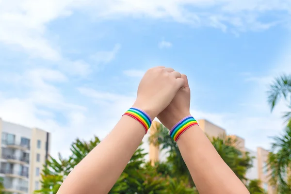 Dos Chicas Lesbianas Cogidas Mano Con Bandera Orgullo —  Fotos de Stock