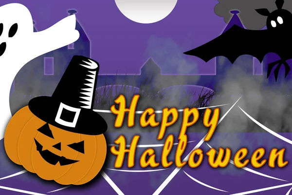 Illustrazione Sfondo Felice Festa Halloween Con Zucca Ragnatele Pipistrello Con — Foto Stock