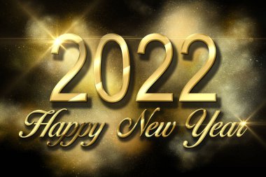 Mutlu yıllar 2022 metin tasarımı. Altın rakamlı illüstrasyon. Mutlu yıllar 2022 tebrik kartı ve poster tasarımı.