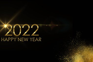 Mutlu yıllar 2022 metin tasarımı. Altın rakamlı illüstrasyon. Mutlu yıllar 2022 tebrik kartı ve poster tasarımı.