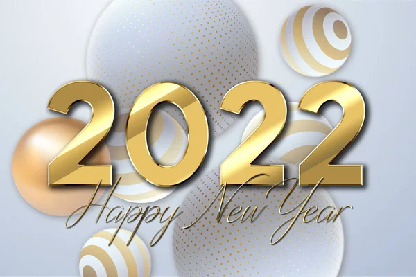 Happy new year 2022 text design. Greeting illustration with golden numbers. Happy New Year 2022 greeting card and poster design.