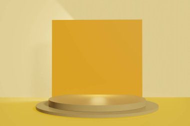 Sarı arka planda, kutucuk standı konsepti olan yaya görüntüsü. Marka tanıtım ürünü için podyum, 3D dijital yorumlama realisti