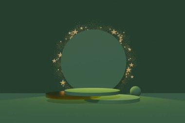 Yeşil arka planda yaya görüntüsü ve kutu destek konseptiyle altın kaplama. Marka tanıtım ürünü için podyum, gerçekçi 3D dijital oluşturma