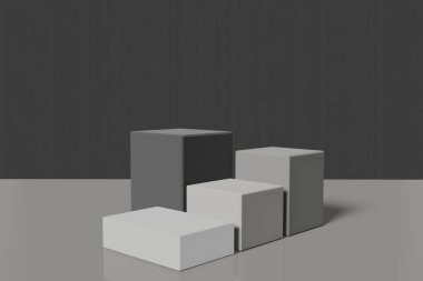 Kutu standı konsepti olan siyah ve gri kaide görüntüsü. Marka tanıtım ürünleri için podyum, gerçekçi 3D dijital oluşturma