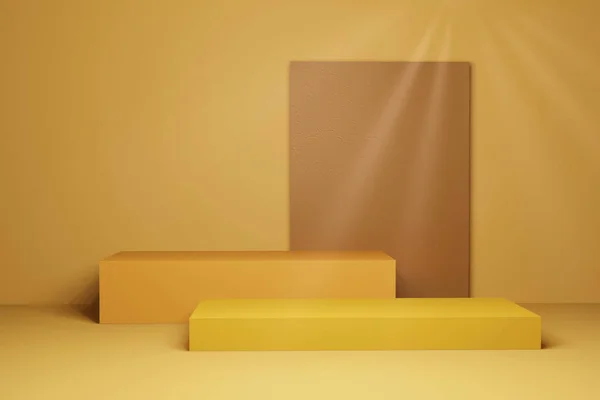 Žlutý Oranžový Hnědý Podstavec Slunečními Paprsky Koncepce Box Stand Pódium — Stock fotografie