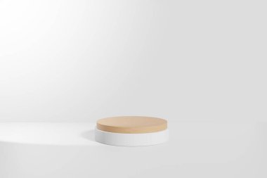 Soyut beyaz kaide görüntüsü beyaz ve tahta silindirli kutu desteği kavramlı. Marka tanıtım ürünleri için podyum, gerçekçi 3D dijital oluşturma