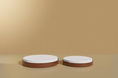 Kahverengi ve beyaz silindirli, kutucuk standı kavramına sahip soyut kahverengi kaide görüntüsü. Marka tanıtım ürünleri için podyum, gerçekçi 3D dijital oluşturma