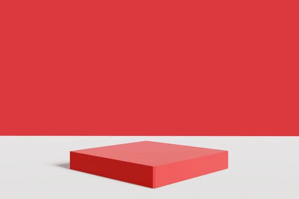 Espositore Piedistallo Rosso Astratto Con Cubi Rocce Con Concetto Box — Foto Stock