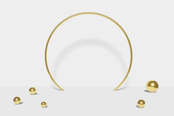ボックスサポートコンセプトで金と白の抽象的な背景に円と球と台座のディスプレイ ブランドプロモーション製品 現実的な3Dデジタルレンダリングのための表彰台 — ストック写真