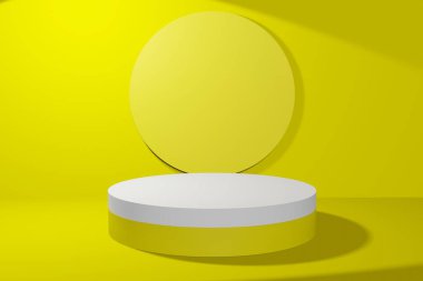 Beyaz daire arkaplanlı kaidesel ekran ve kutu standı kavramlı soyut sarı zemin. Marka tanıtım ürünleri için podyum, gerçekçi 3D dijital oluşturma