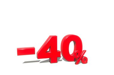 % 40 indirimli, 3 boyutlu, kırmızı renkte, beyaz arkaplan ve kopyalama alanı