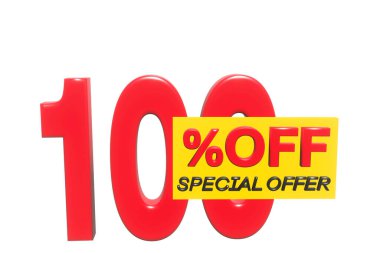 % 100 indirimli 3D illüstrasyon, beyaz arkaplan, özel teklif işareti ve kopyalama alanı